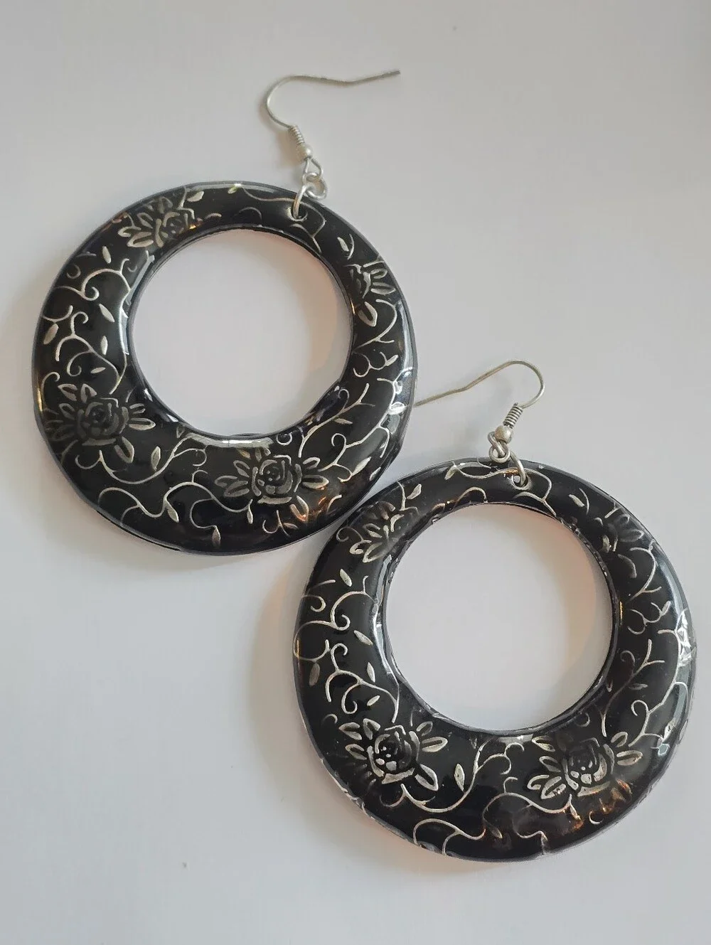 Big earrings dangle hoops circles floral hook earwires dadk grey black silver to